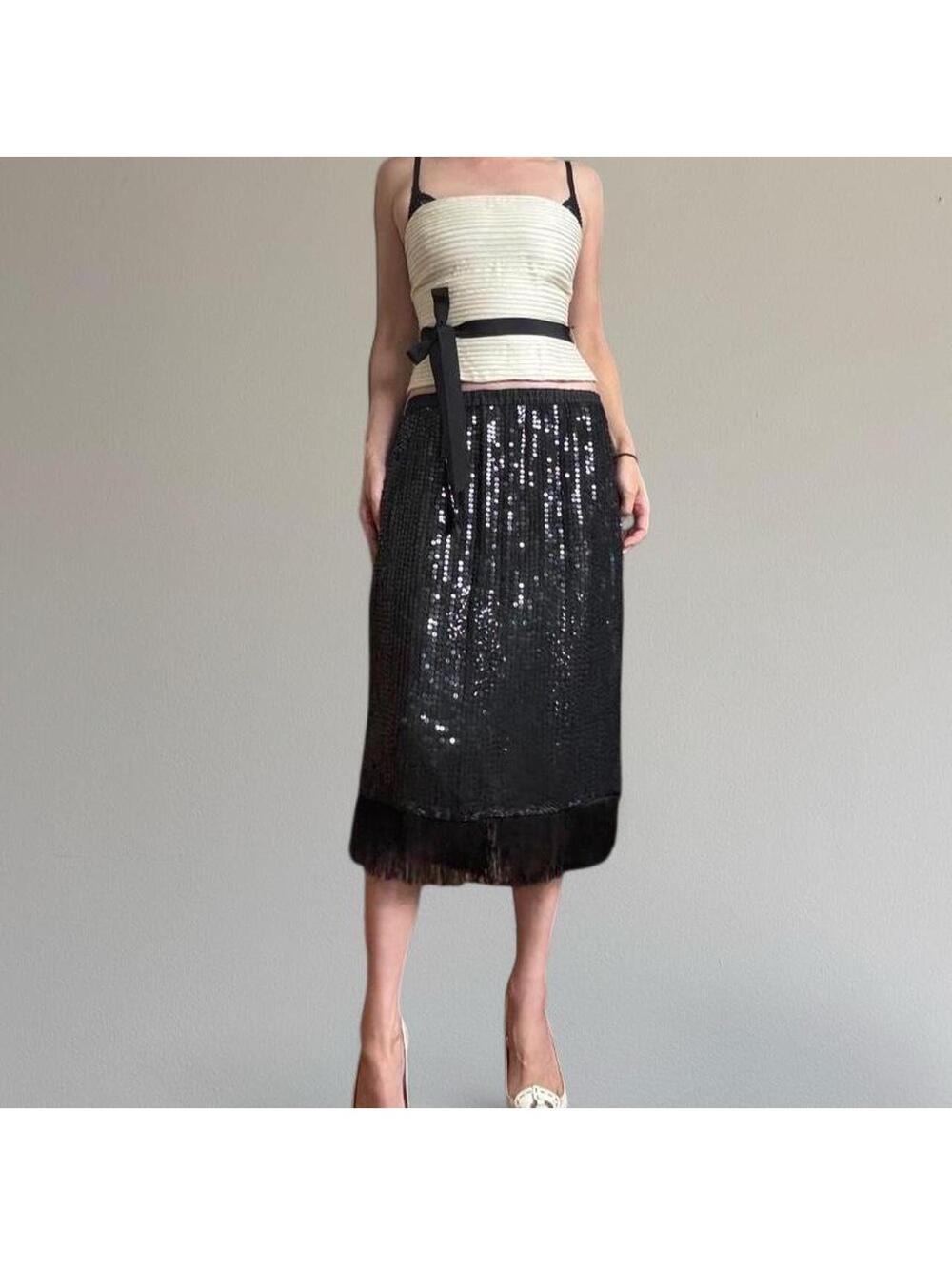 Vintage 100% silk sequin fringe midi skirt. Size M.